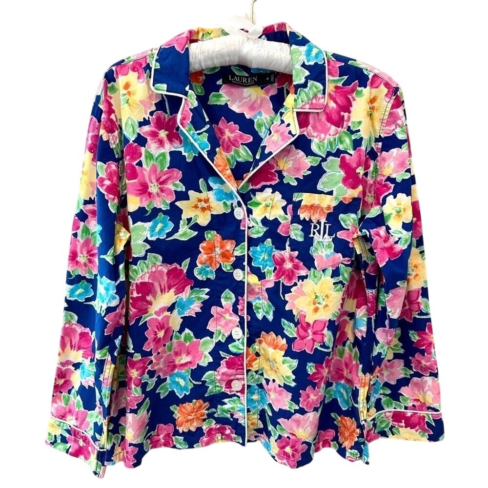 RALPH LAUREN Blue Floral Pajama Top Button Front Sleep Shirt Lounge Medium